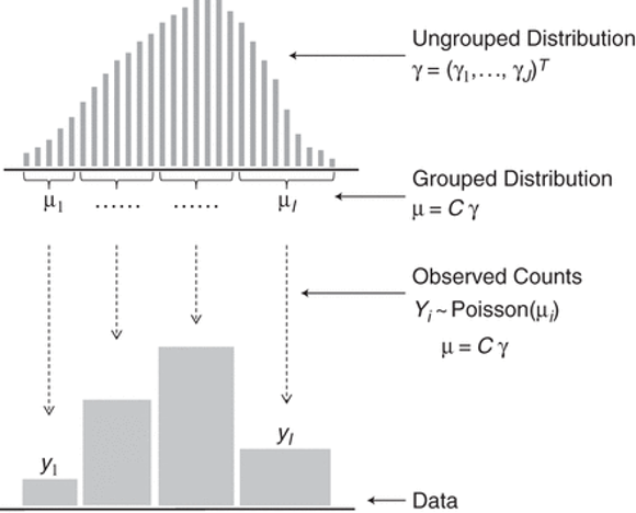 Figure 1. Statistical model for grouped data. The distribution of interest _γ_ is defined on a fine scale. Grouping composes several values of _γ_ to the values of _μ_, which are the expected counts for the grouped distribution. The observed data _y_ are realizations of Poisson random variables with expected values _μ_. The latent distribution _γ_ is to be estimated from the grouped counts _y_, which can be achieved by assuming that _γ_ is smooth.